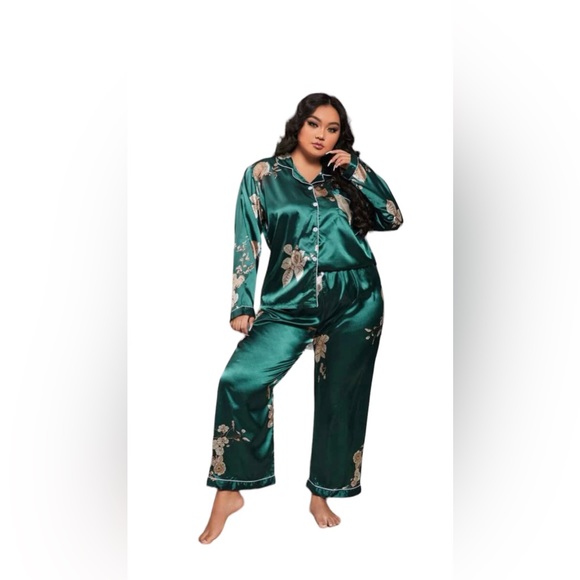 Green Floral Satin PJ Pant set (NWOT) - Picture 2 of 4